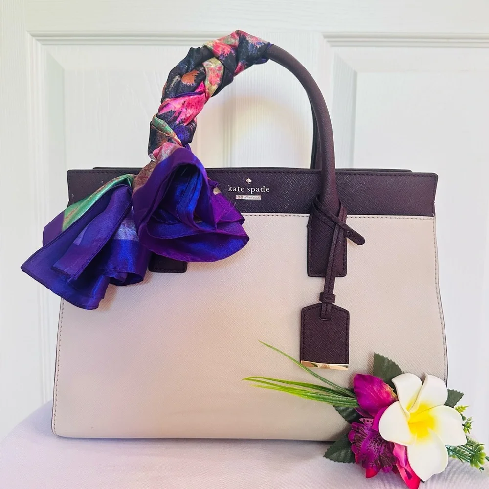 KATE SPADE ~ Two-Tone Cream, Dark Purple, and Lavender Satchel w/Colorful Scarf - Picture 8 of 14